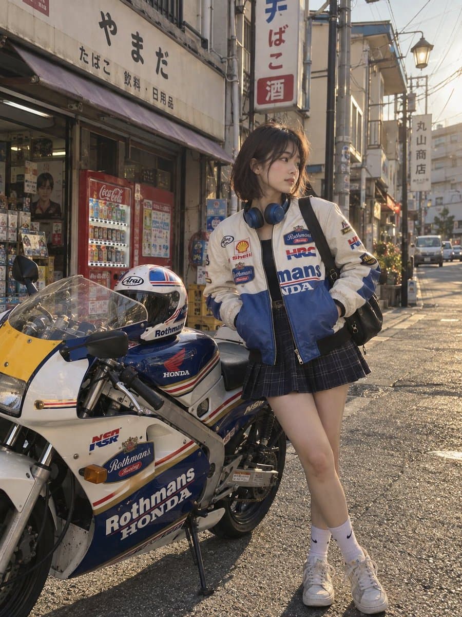 东京街头少女与复古赛车摩托