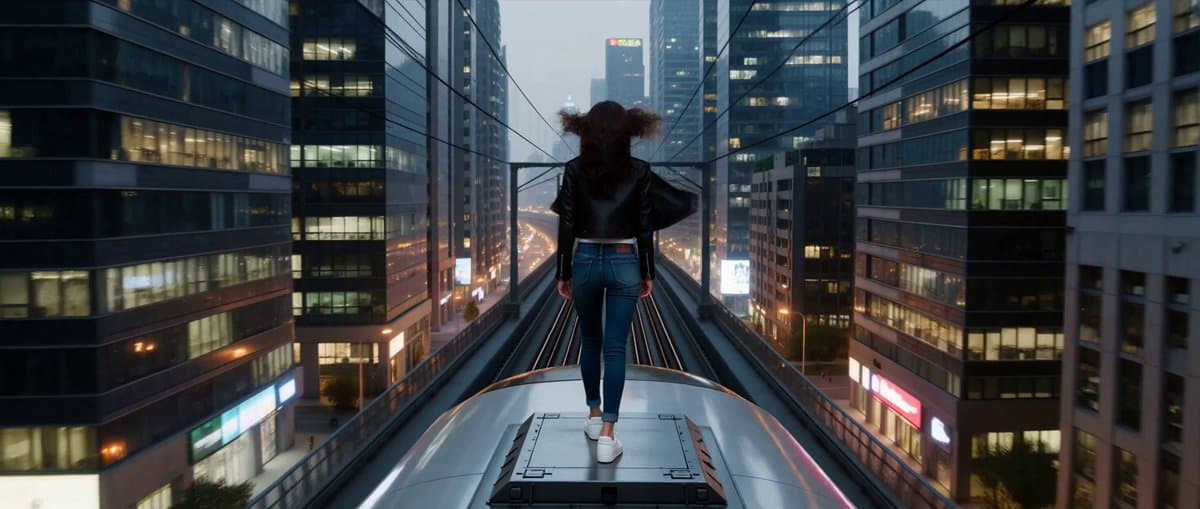 未来都市列车顶上的自信女子