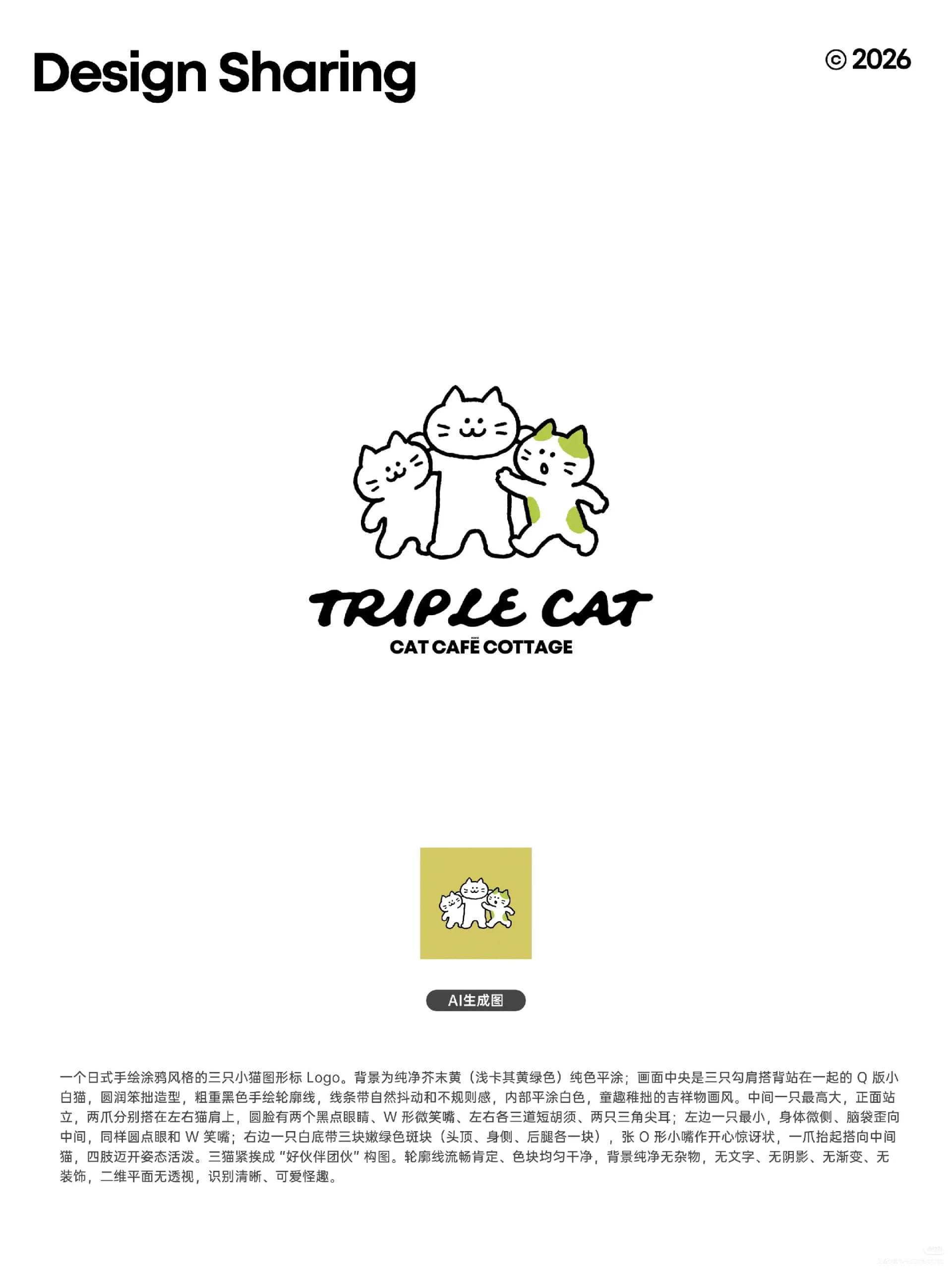 AI 直出 Logo 集:Triple Cat 三只小猫涂鸦风宠物咖啡馆标志
