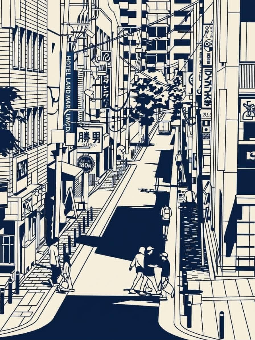 Indigo Linework of Japanese Streets and Railway Station