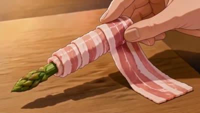 日式动漫风格猪肉卷芦笋烹饪视频